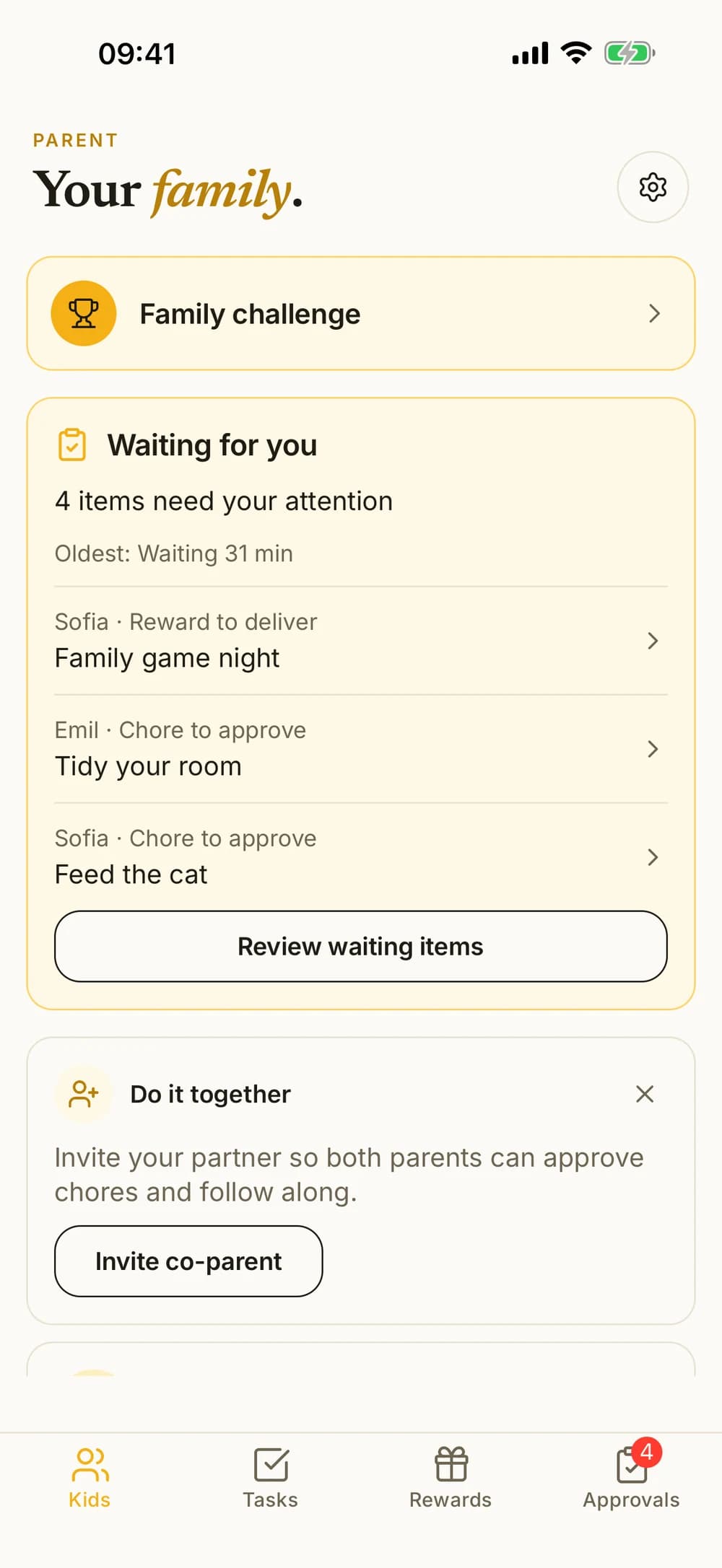 The parent's view of Emil and Sofia, with chores waiting for approval.