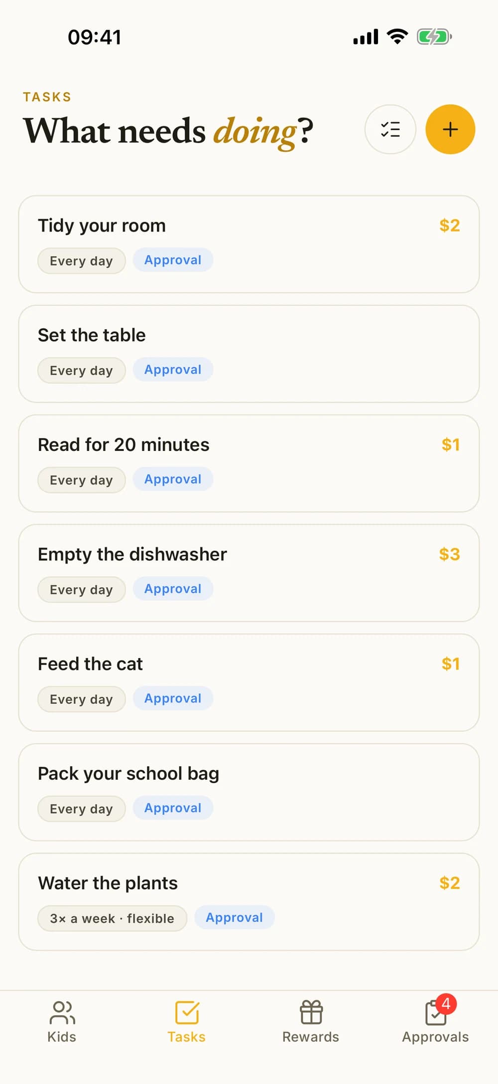 The chore list with daily paid and unpaid chores and a flexible chore scheduled three times a week.