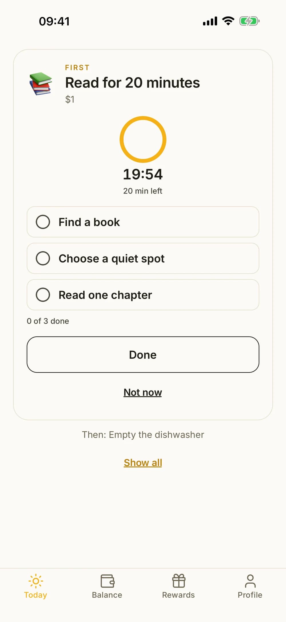 Focus mode with one chore, parent-written steps and an optional countdown.