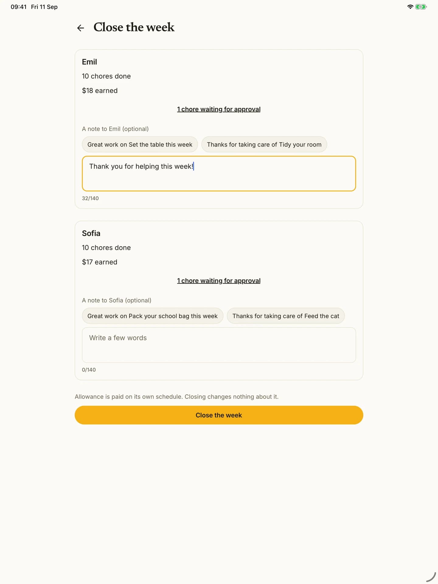 Kroni's weekly close on iPad with the children's weekly overview and parent notes.
