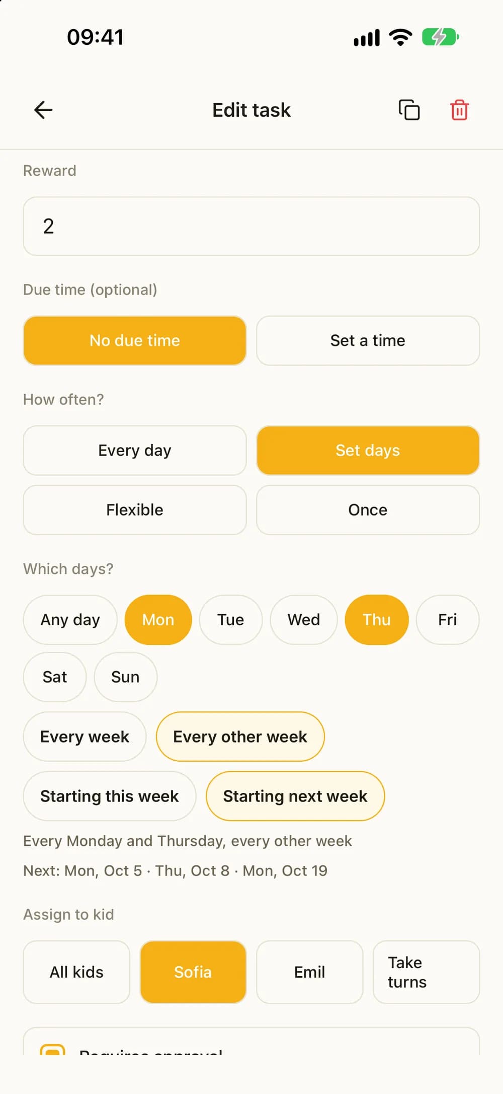 A chore on Monday and Thursday every other week, starting next week, with the next dates listed.