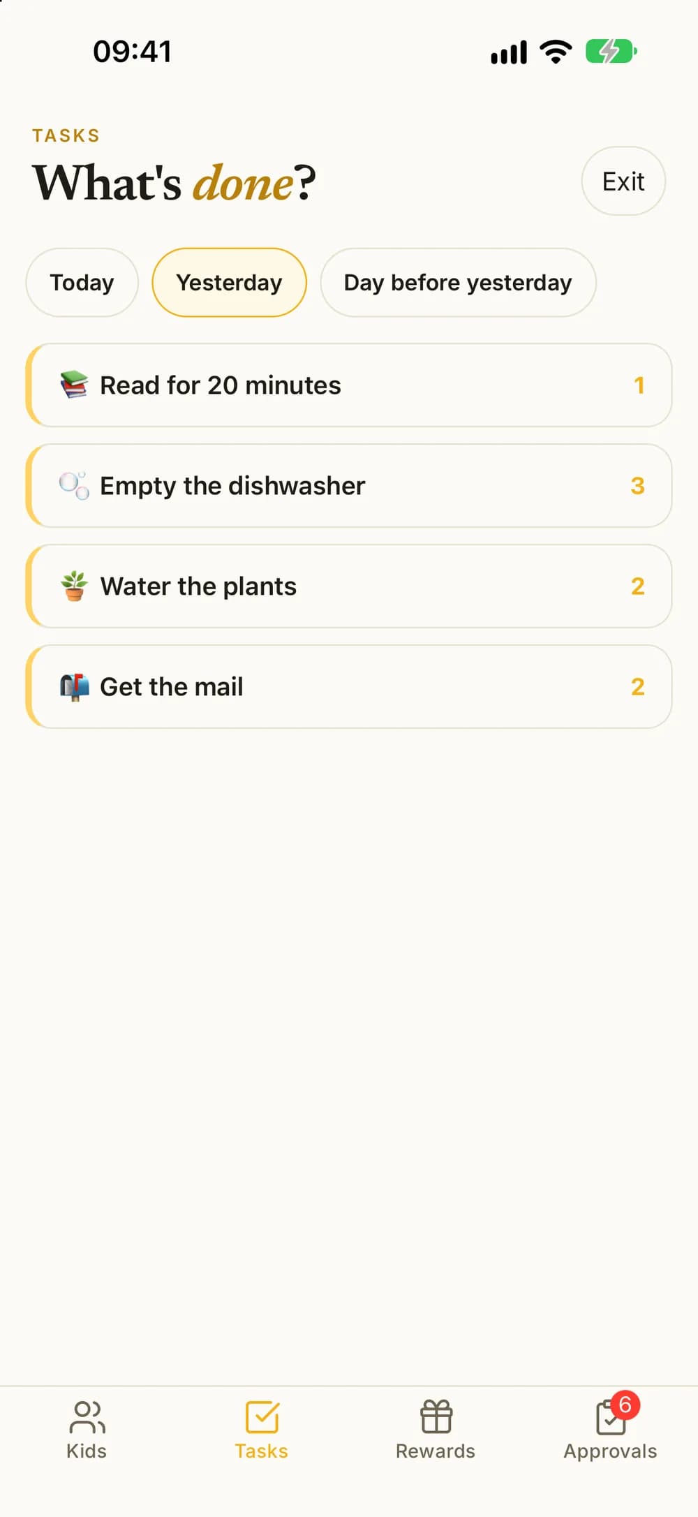 Log mode with Yesterday selected and four chores that can be recorded for yesterday.