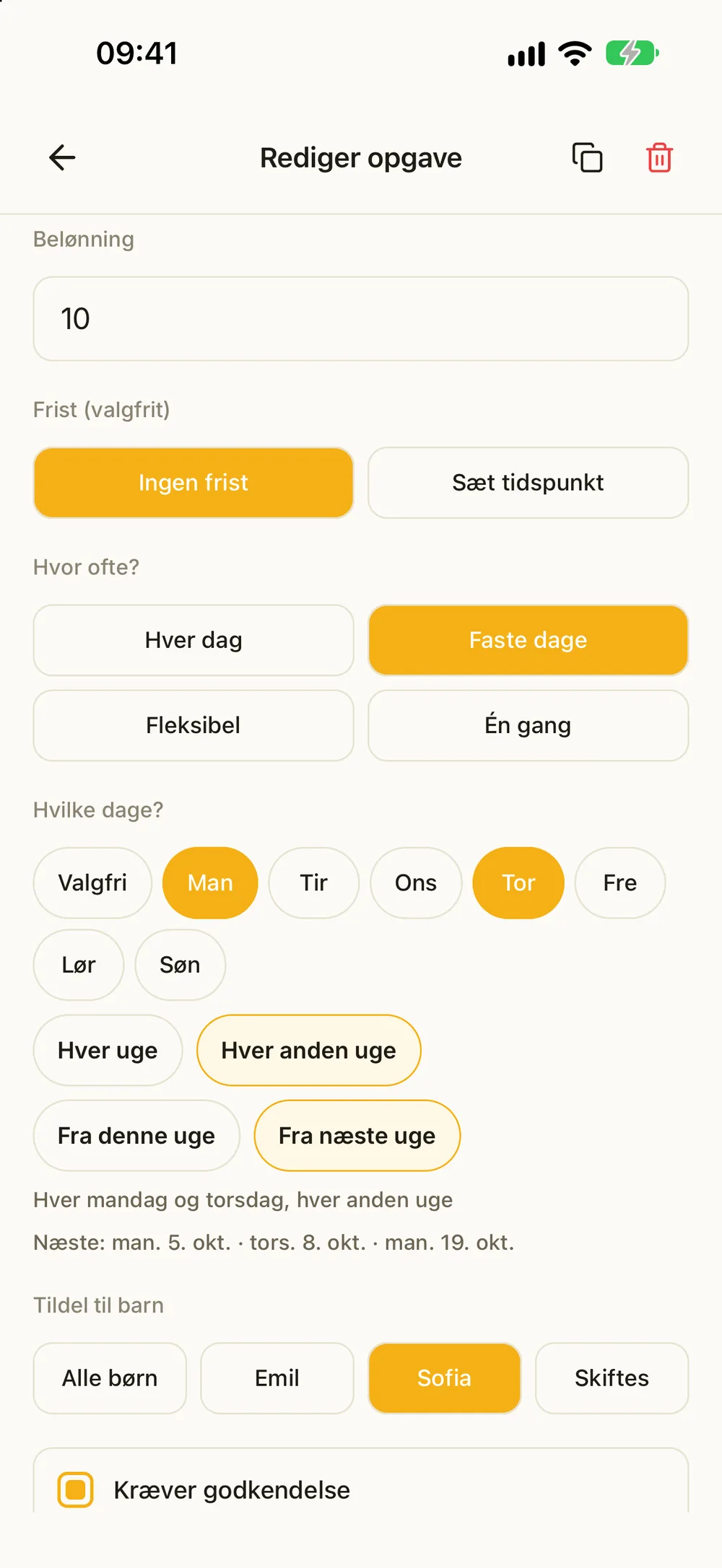 Redigering af en opgave mandag og torsdag hver anden uge, fra næste uge, med de næste datoer vist nedenunder